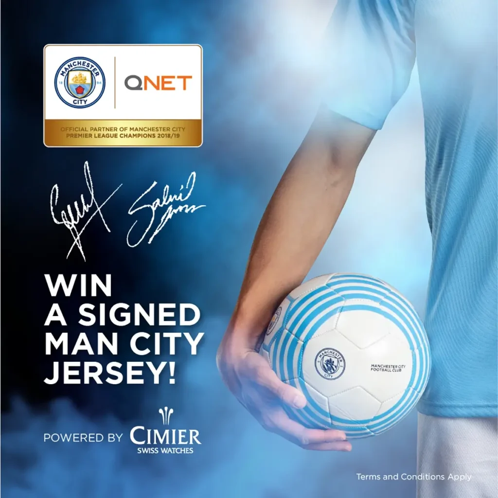 QNET Manchester city player holding a ball, Win a signed man city jersey