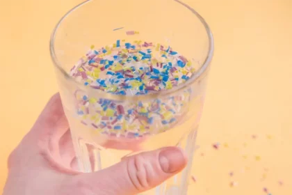 A glass of water containing beads of plastic ,plastic droplets