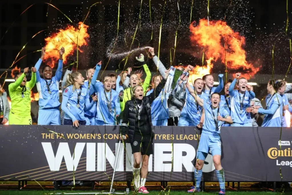 Manchester City Women celebrate with the Continental cup trophy