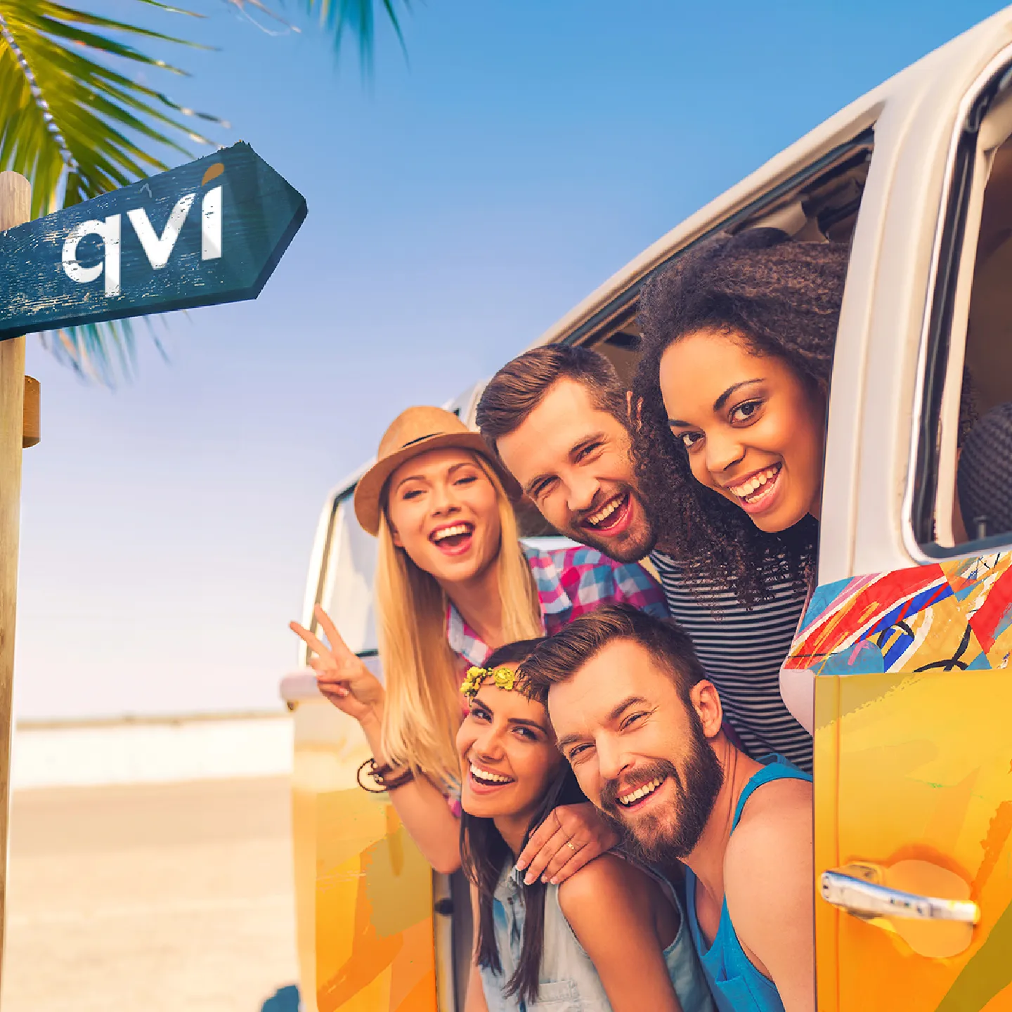 Friends in a van enjoying their holiday booked through QVI