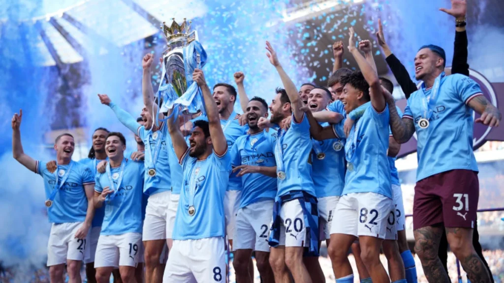 QNET-ManCity Celebrating with their 2023 English Premier League trophy
