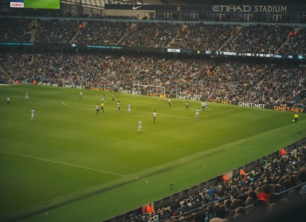 mancity game with qnet logo on sides of field 