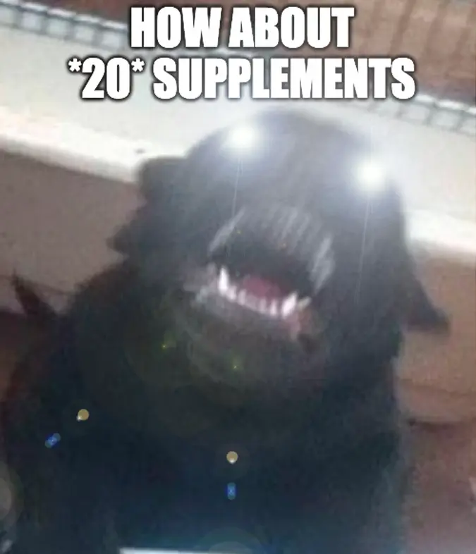 Meme of a dog in blurry motion with its eyes flashing like lasers; the text reads "how about TWENTY supplements"