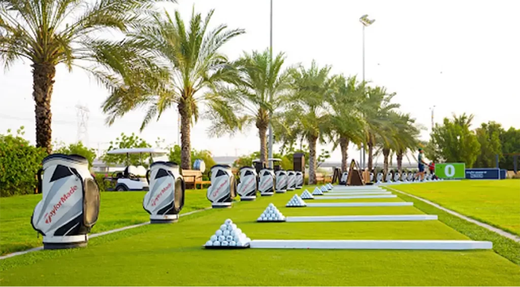 Golf driving range with palm trees in the background