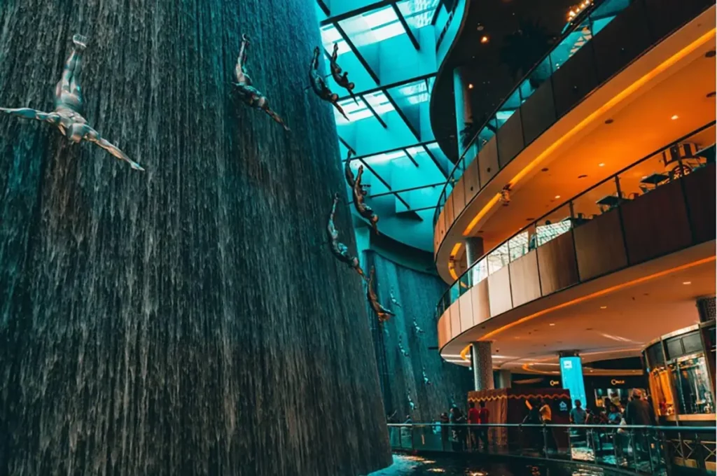 Fountain in Dubai mall of water falling