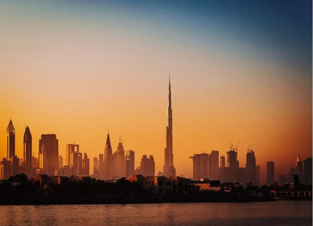 Burj Khalifa during sunset skyline view