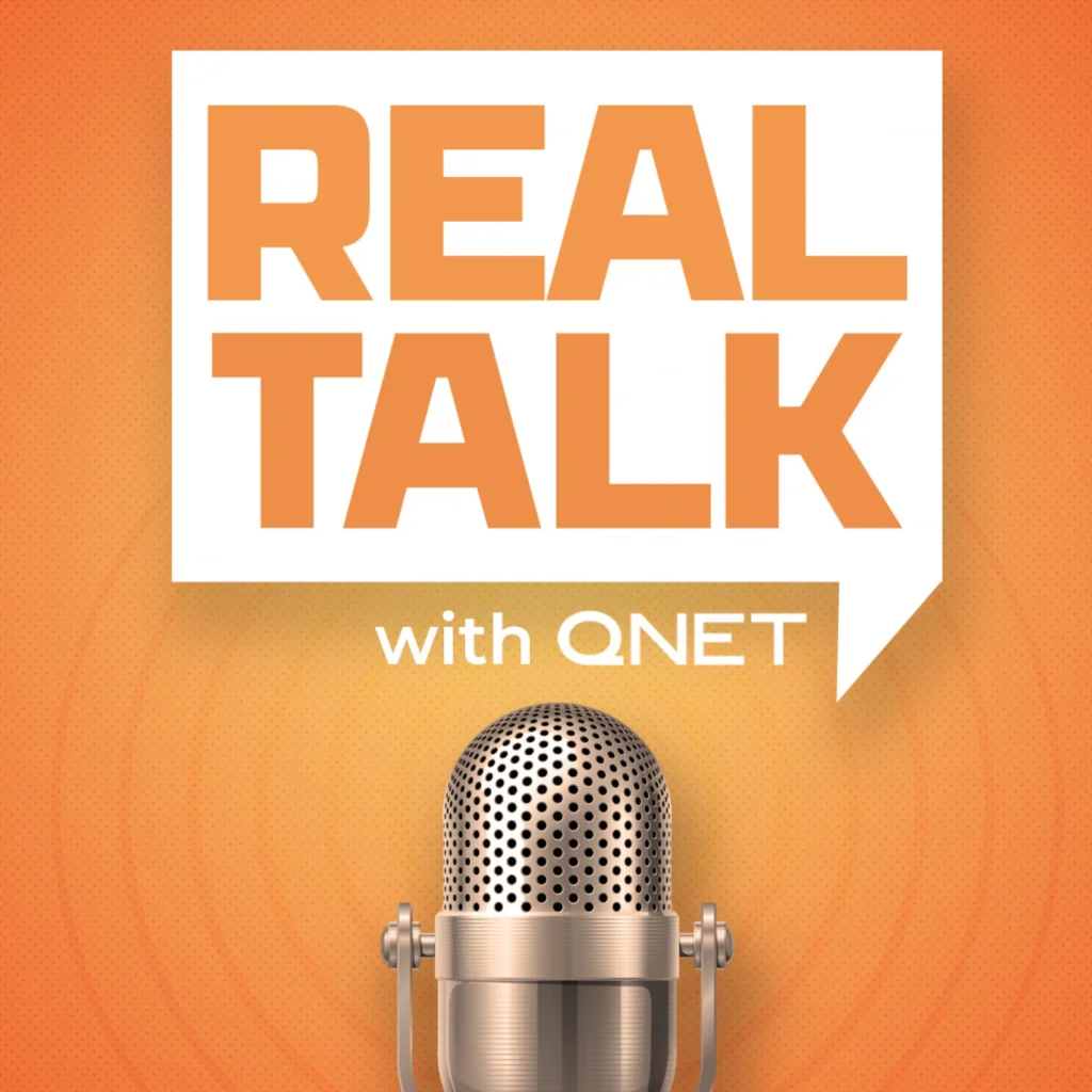 Real talk with QNET logo with microphone