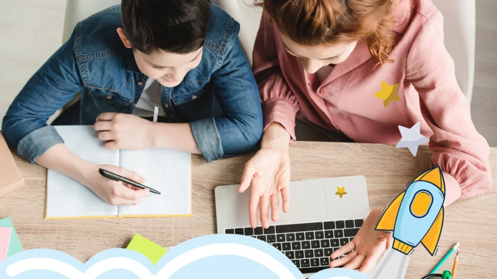 Mother teaching son homework with notebook and computer