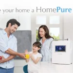 A joyful family of three, with HomePure products on the sides, enhancing home water and air quality.