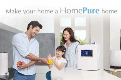 A joyful family of three, with HomePure products on the sides, enhancing home water and air quality.