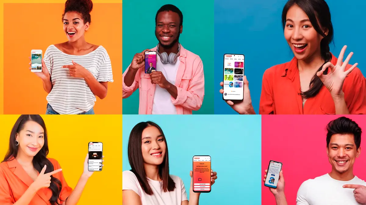 Multi national people showing QBUZZ on their phone with different colored backgrounds