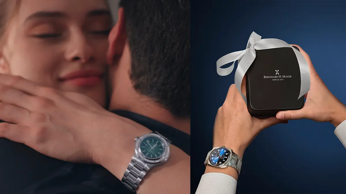 First, a woman with a watch around her wrist is hugging a man tenderly. Next to it is a man's hand holding a dark box of Bernhard H. Mayer with a Christmas ribbon around it for the Gift The Good Life campaign featuring QNET products.