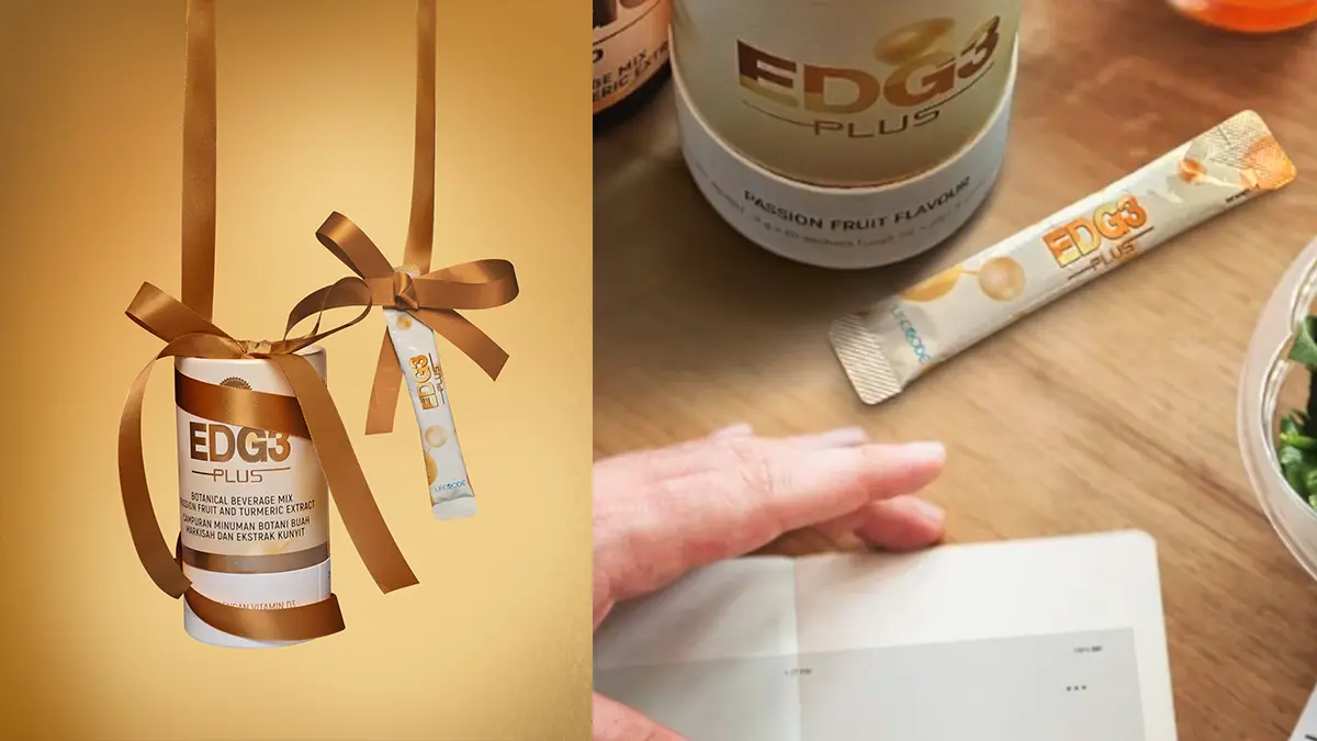 First, a can and a packet of EDG3 Plus with Christmas ribbons around them for the Gift The Good Life campaign featuring QNET products. The picture beside this is a flat lay shot of the same product with a person's hand browsing a notebook in the same frame.