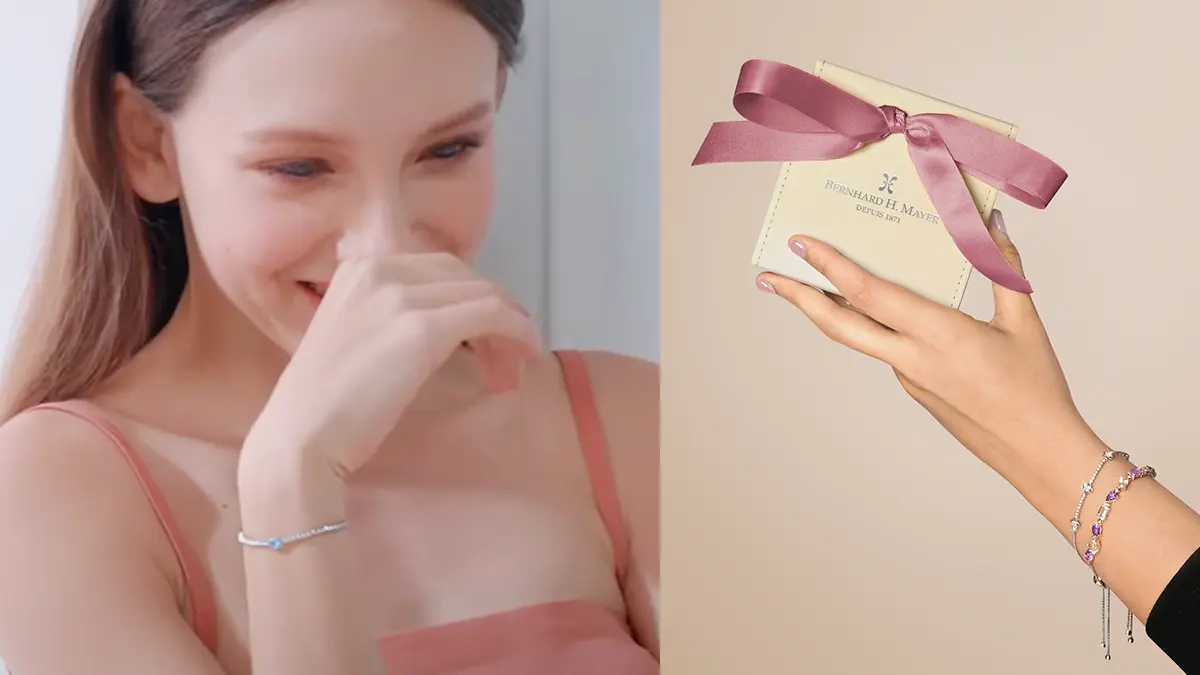 First, a woman with a bracelet around her wrist is smiling into her hand. Next to it is another woman's hand holding a box of Bernhard H. Mayer with a pink Christmas ribbon around it for the Gift The Good Life campaign featuring QNET products.