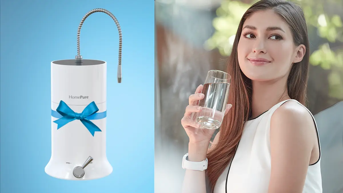 First, a HomePure Nova with a Christmas ribbon around it for the Gift The Good Life campaign featuring QNET products. The picture beside it is of a young woman drinking a glass of water while smiling peacefully.