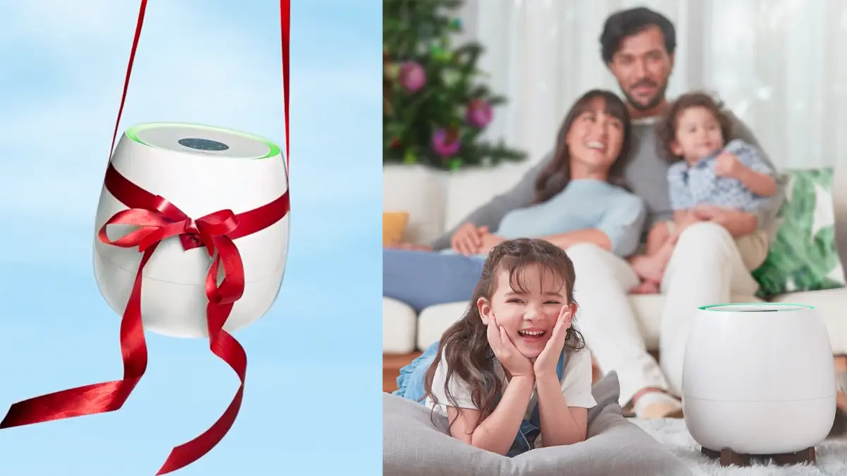 First, a HomePure Zayn with a Christmas ribbon around it for the Gift The Good Life campaign featuring QNET products. The picture beside it is of a family enjoying Christmas in the living room with a HomePure Zayn