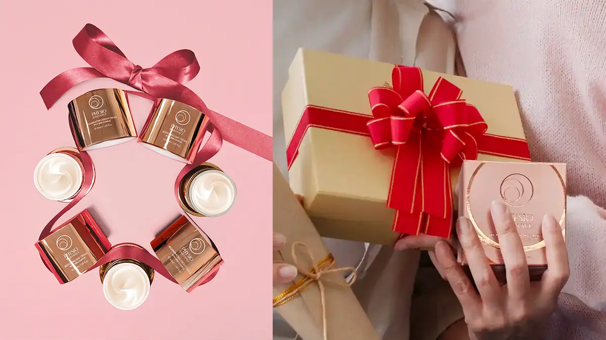 First, various Physio Radiance skincare products with a Christmas ribbon around them for the Gift The Good Life campaign featuring QNET products. The picture beside this is a woman's hand holding presents including the product. 