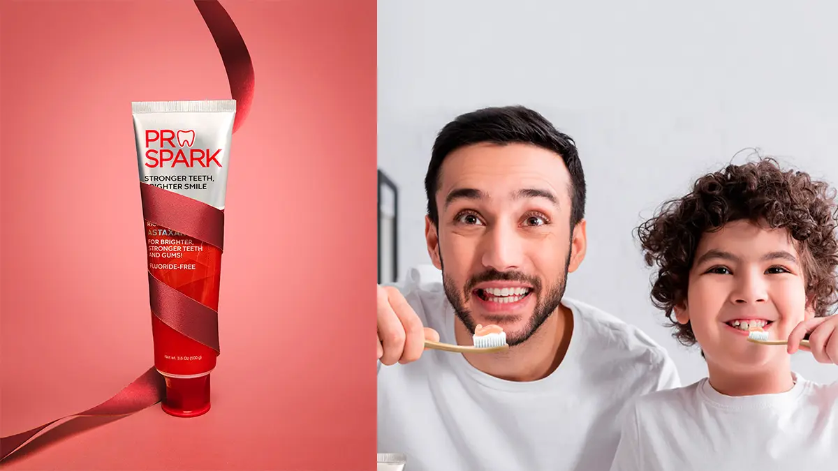 First, a tube of Prospark with a Christmas ribbon around it for the Gift The Good Life campaign featuring QNET products. The picture beside it is a father and child brushing their teeth together. 