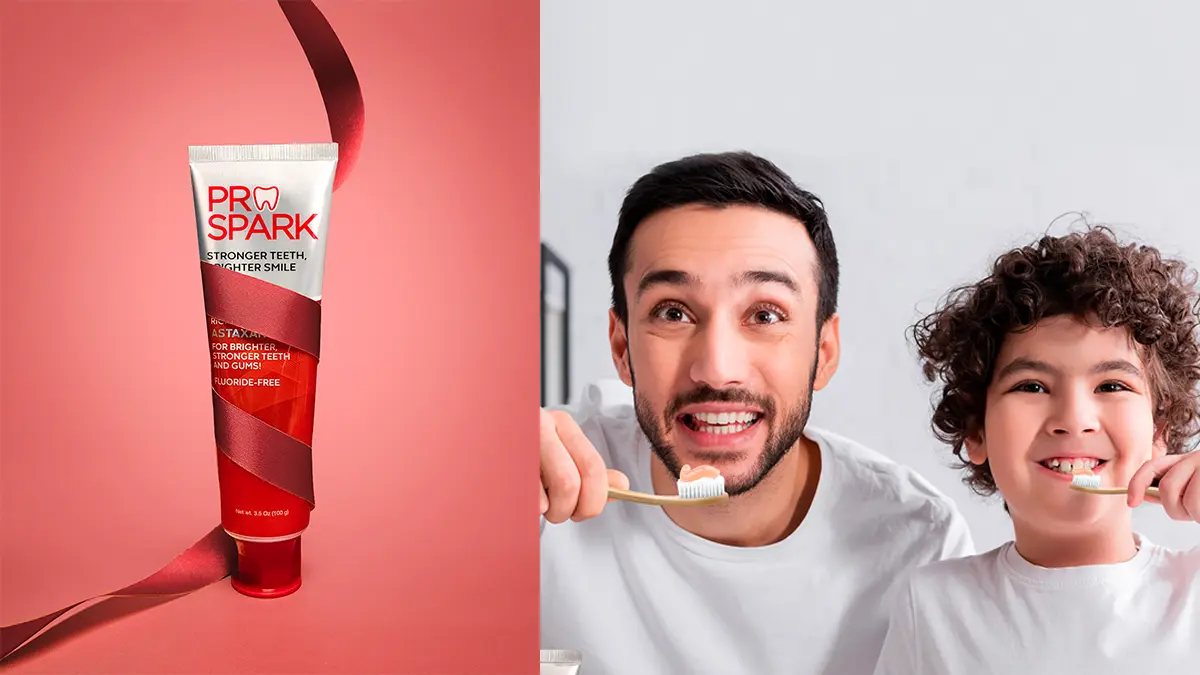 Elevate Your Holiday Season With This Qnet Gift Guide 8 First, a tube of Prospark with a Christmas ribbon around it for the Gift The Good Life campaign featuring QNET products. The picture beside it is a father and child brushing their teeth together.