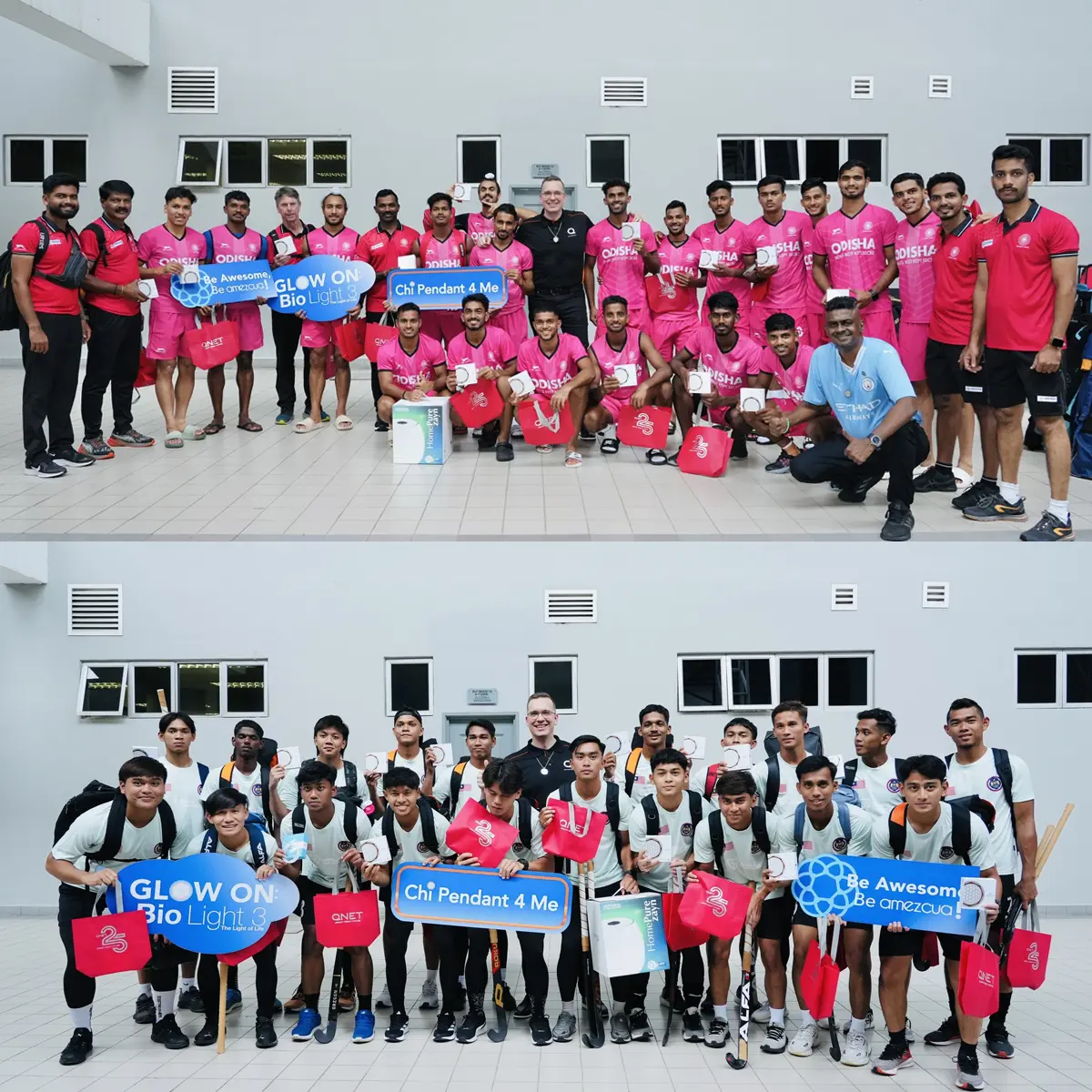 Qnet Champions Youth Empowerment Through Sports At The 13Th Junior Hockey World Cup 2 Another QNET sports commitment milestone! India and Malaysia teams pose with QNET products before their friendly match to kick off the thirteenth Junior Hockey World Cup