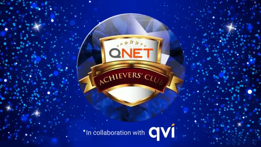 QNET Sapphire Star version of the Achievers Club logo; the banner also says in collaboration with QVI