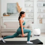 Girl working out with light weights on a yoga mat in her living room with QNET Products such as HomePure Zayn and Chi Pendant 4 helping her with her fitness resolutions