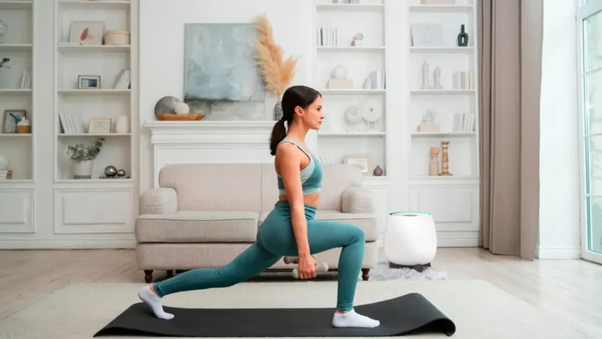 Girl working out with light weights on a yoga mat in her living room with QNET Products such as HomePure Zayn and Chi Pendant 4 helping her with her fitness resolutions