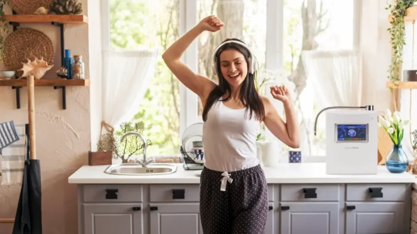 Young woman dancing in front of her kitchen counter with HomePure Viva on top