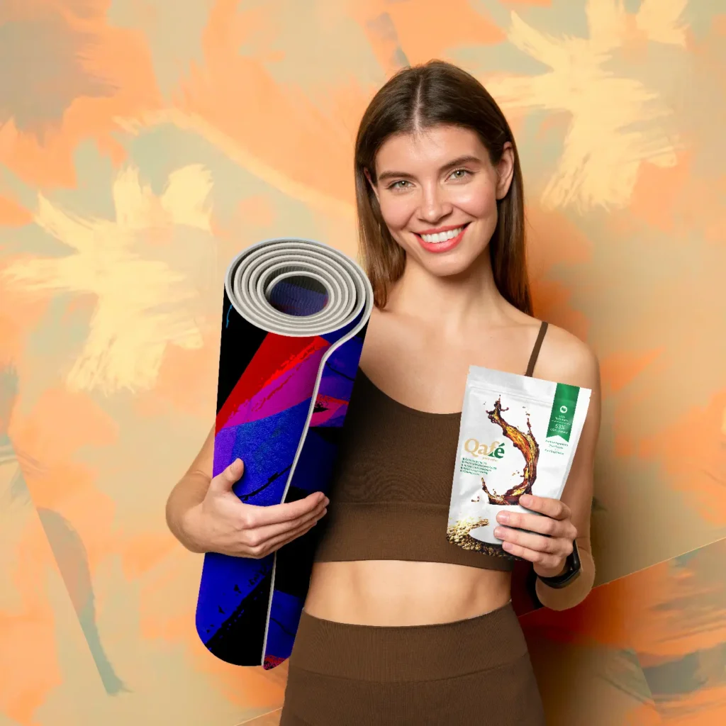 A woman in gym clothes holding a yoga mat and Qafe to show that QNET is championing women by supporting their health and fitness goals