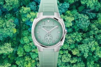 Green OMNI watch displayed above a top view image of trees