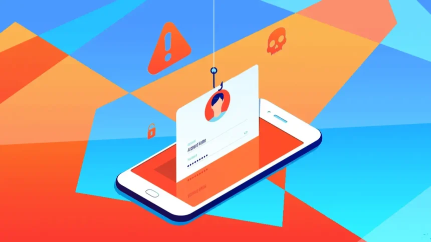 Illustration symbolizing someone's information being taken from their mobile phone through a phishing scam