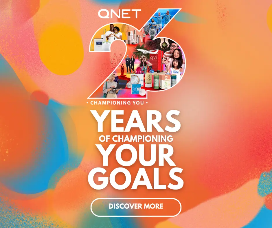 Happy 26Th Anniversary, Qnet Family! 2 QNET Anniversary banner inviting readers to discover more about QNET's 26 years of championing your goals