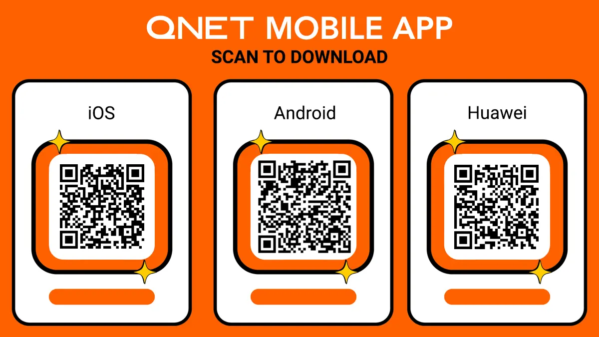 Scan the QR Codes to download the QNET Mobile App - from left to right, on iOS, Android, and Huawei