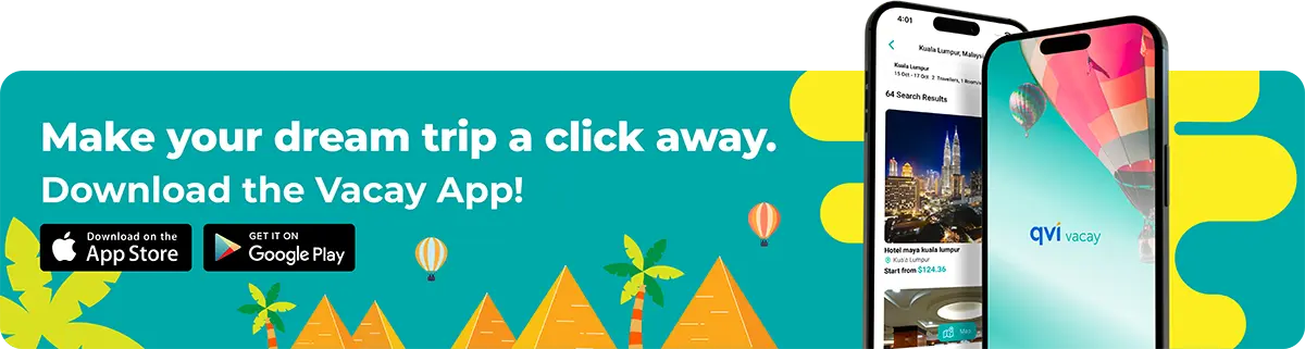 Unlock Your Next Adventure With The Qvi Vacay App! 3 Banner showing a mock-up of the QVI Vacay app with the App Store and Google Play logos; the text reads: Make your dream trip a click away. Download the Vacay App!